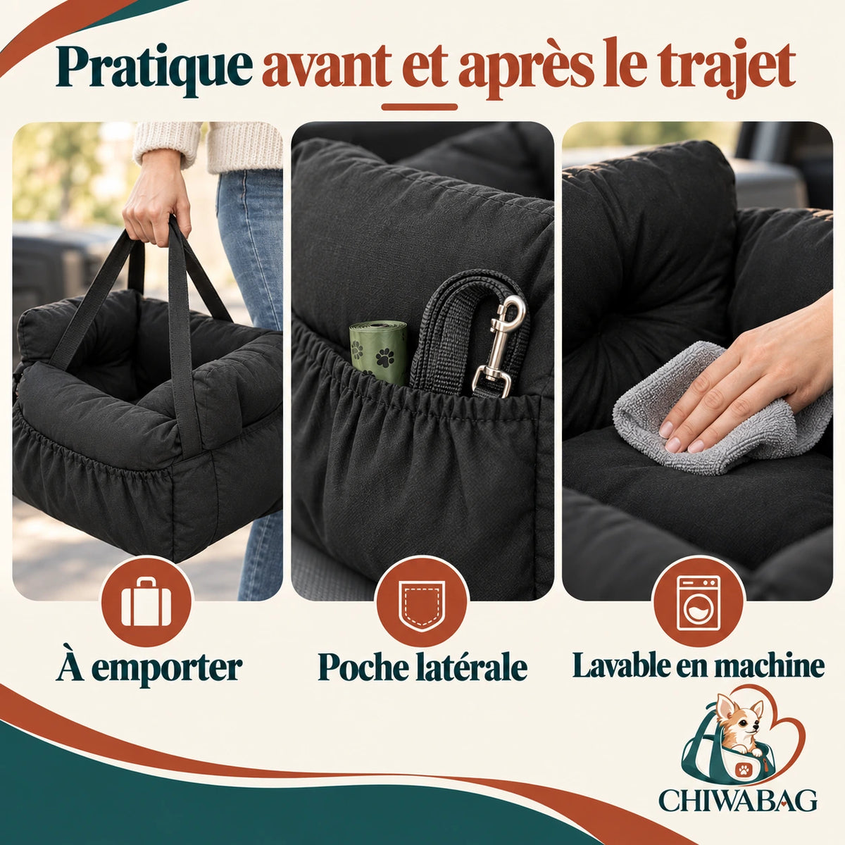 Détails pratiques du siège auto pour chien noir