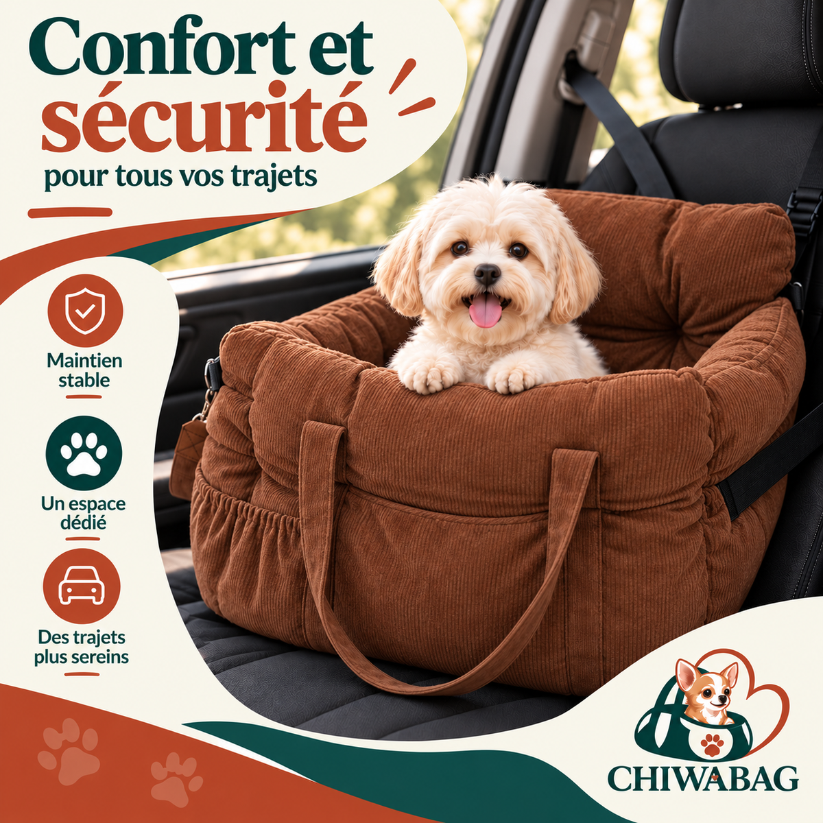 Petit chien installé confortablement dans le siège auto CHIWABAG terracotta en voiture
