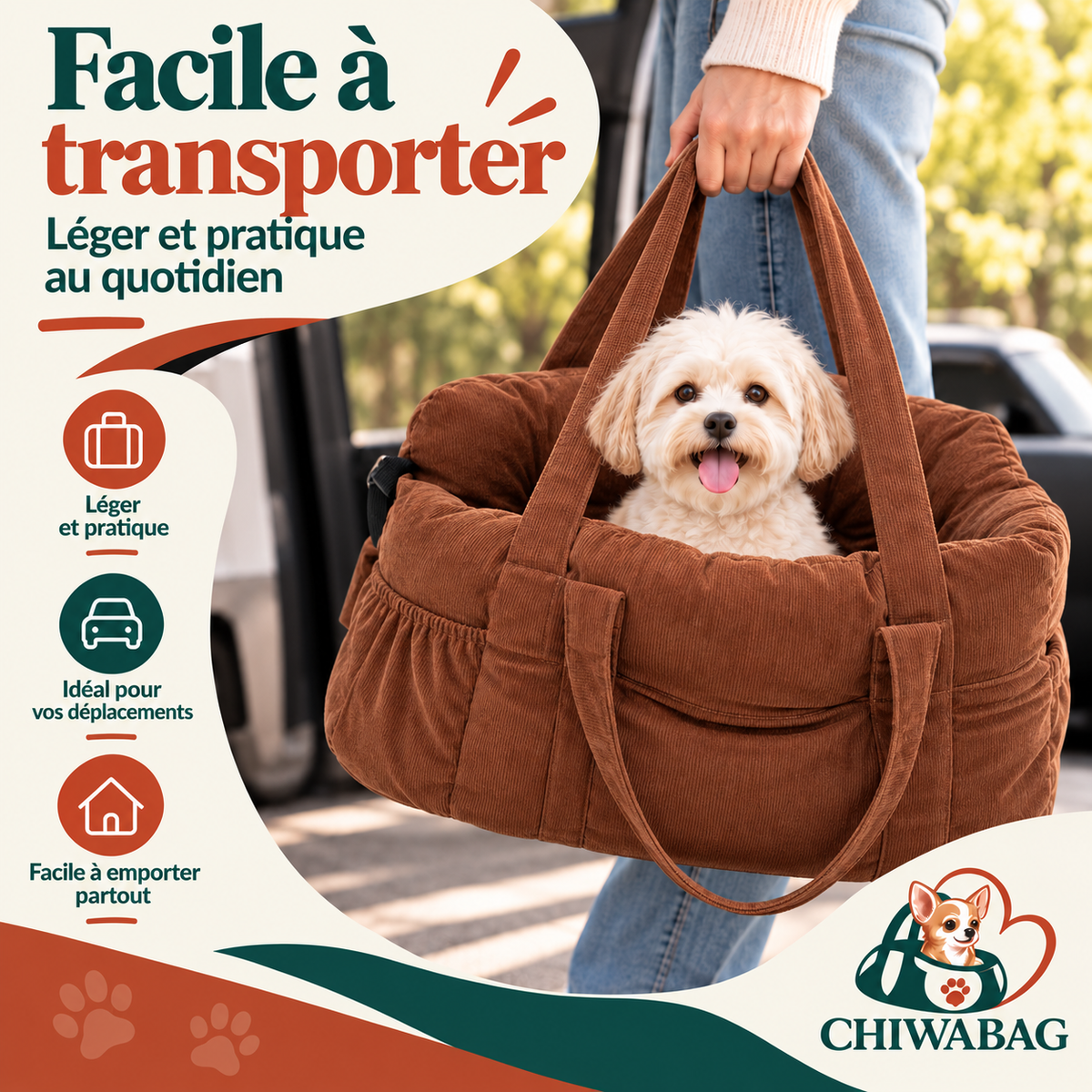 Petit chien porté grâce à la poignée du siège auto CHIWABAG terracotta, facile à transporter
