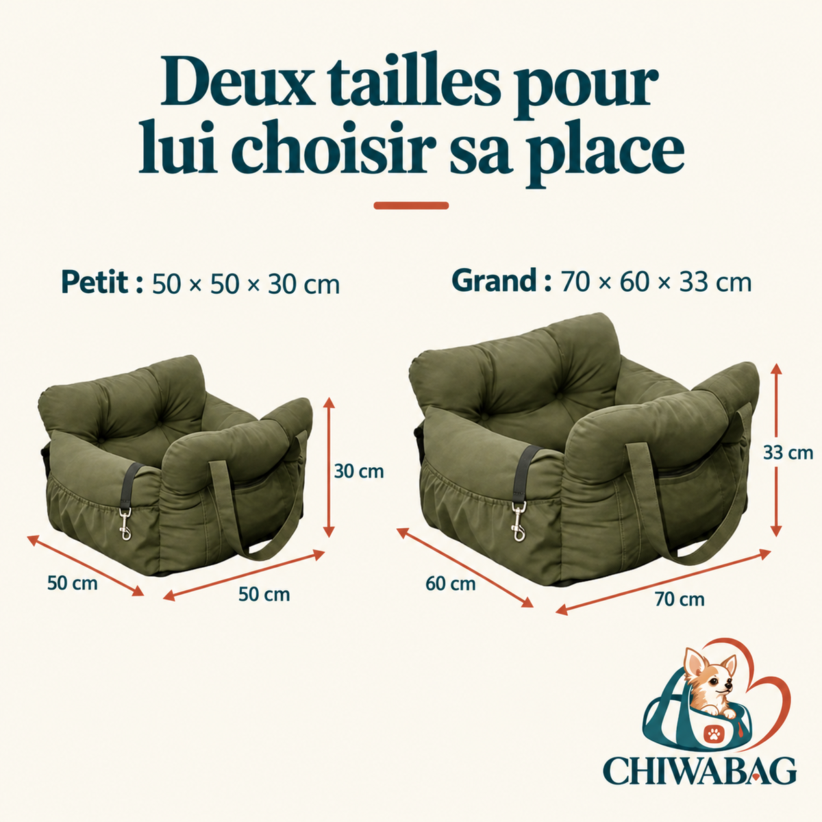 Dimensions du siège auto pour chien vert : Petit 50 × 50 × 30 cm et Grand 70 × 60 × 33 cm
