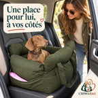 Siège auto pour chien vert en nylon et maille installé dans la voiture