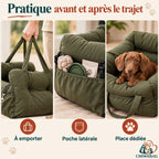 Petit chien en trajet dans le siège auto vert en nylon et maille