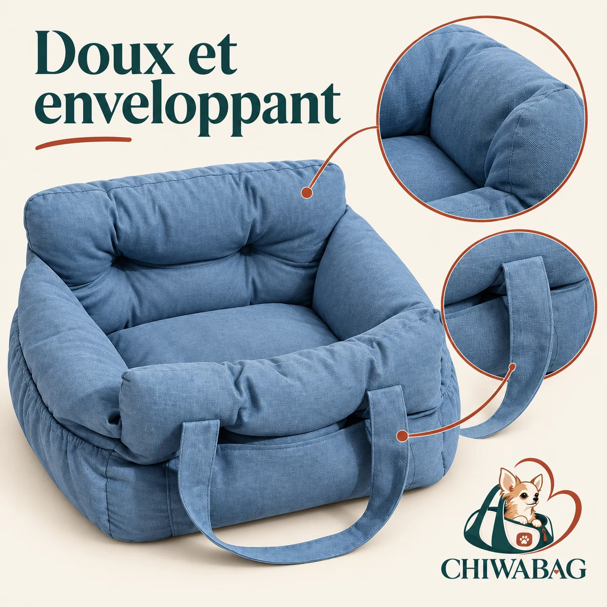 Siège auto CHIWABAG doux et enveloppant pour petit chien