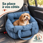 Petit chien installé dans le siège auto CHIWABAG à côté de son maître