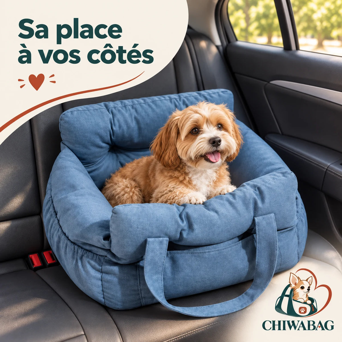 Petit chien installé dans le siège auto CHIWABAG à côté de son maître