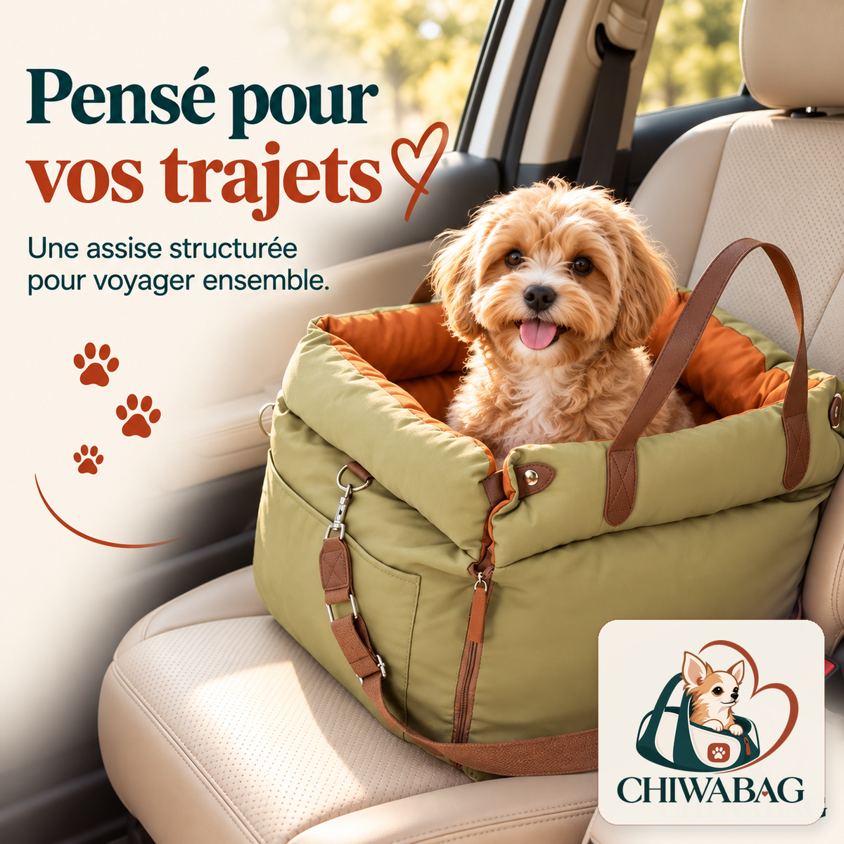 Petit chien dans un siège de transport CHIWABAG kaki et orange en voiture