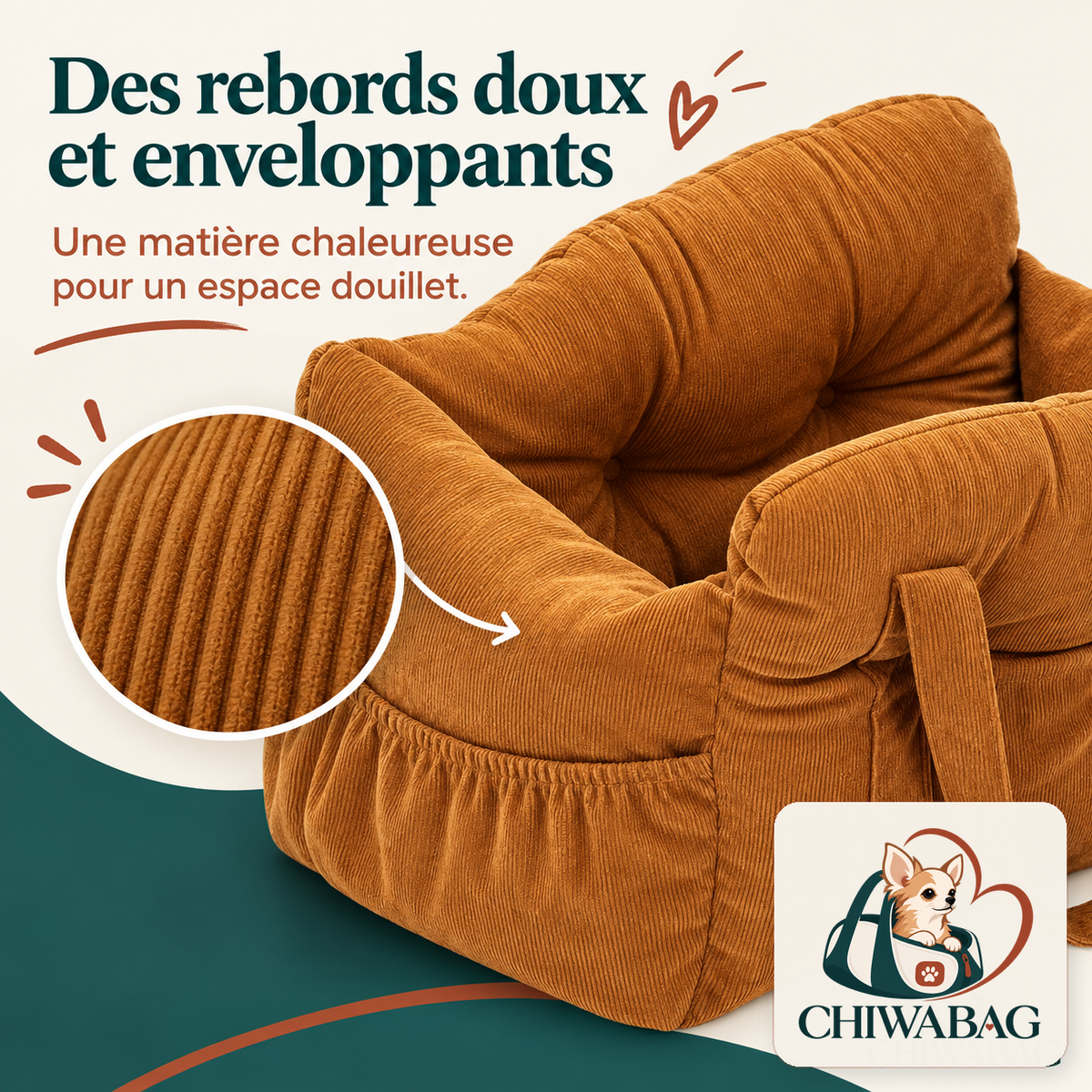 Détail des rebords rembourrés et du velours côtelé caramel du siège CHIWABAG