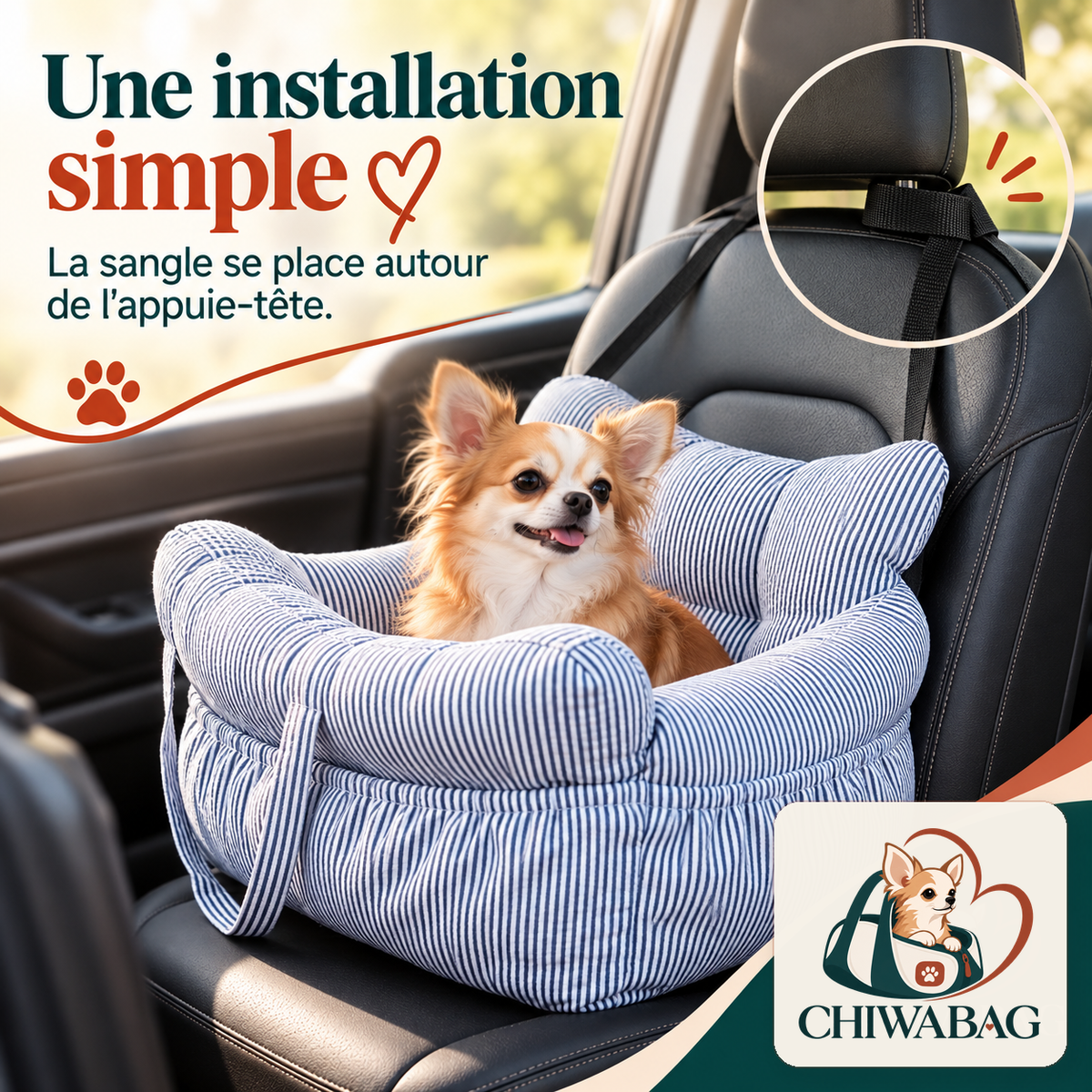 Siège auto CHIWABAG bleu rayé installé avec sa sangle autour de l'appuie-tête